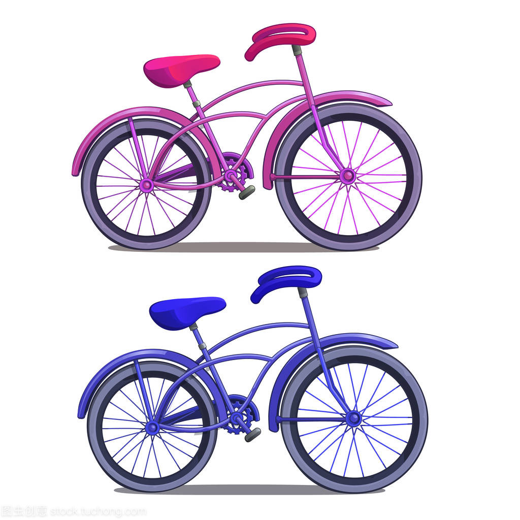 孤立在白色背景上的粉色和藍色自行車。卡通風格的矢量圖